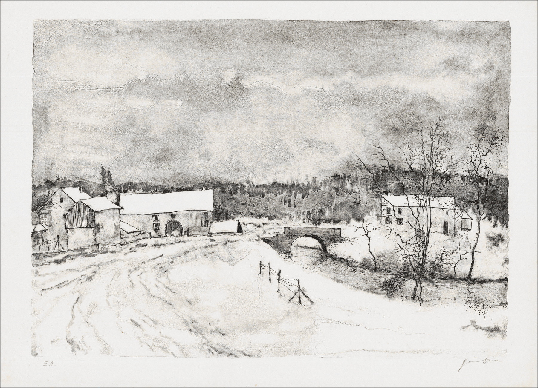 Bernard Gantner, Route du village en hiver, lithographie originale