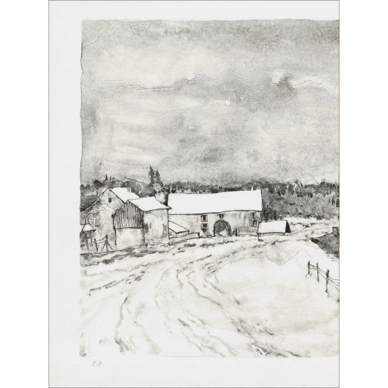 Bernard Gantner, Dorpsweg in de winter, originele lithografie