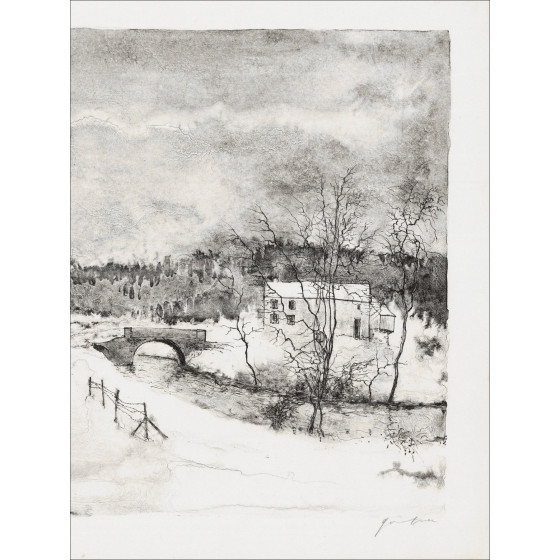 Bernard Gantner, Dorpsweg in de winter, originele lithografie