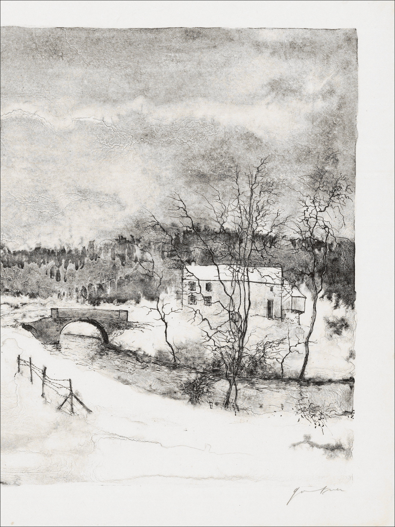 Bernard Gantner, Dorpsweg in de winter, originele lithografie