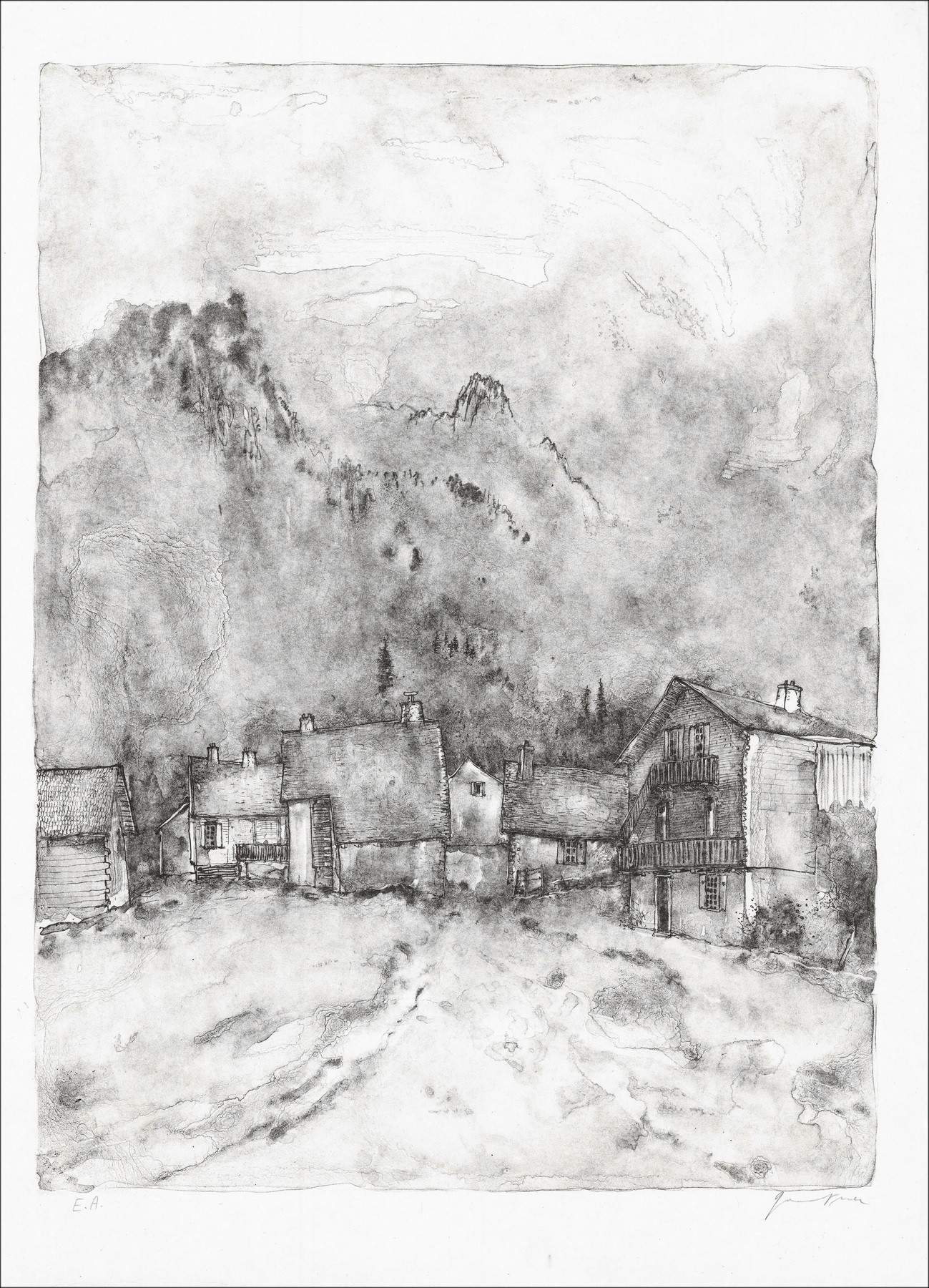 Bernard Gantner, Maisons de montagne, lithographie originale