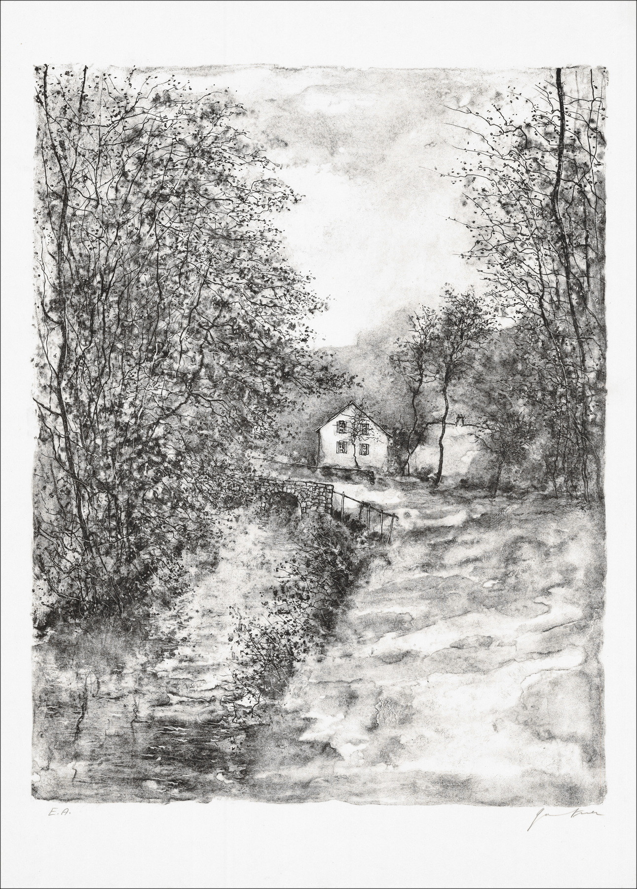 Bernard Gantner, Strada lungo il ruscello, litografia originale