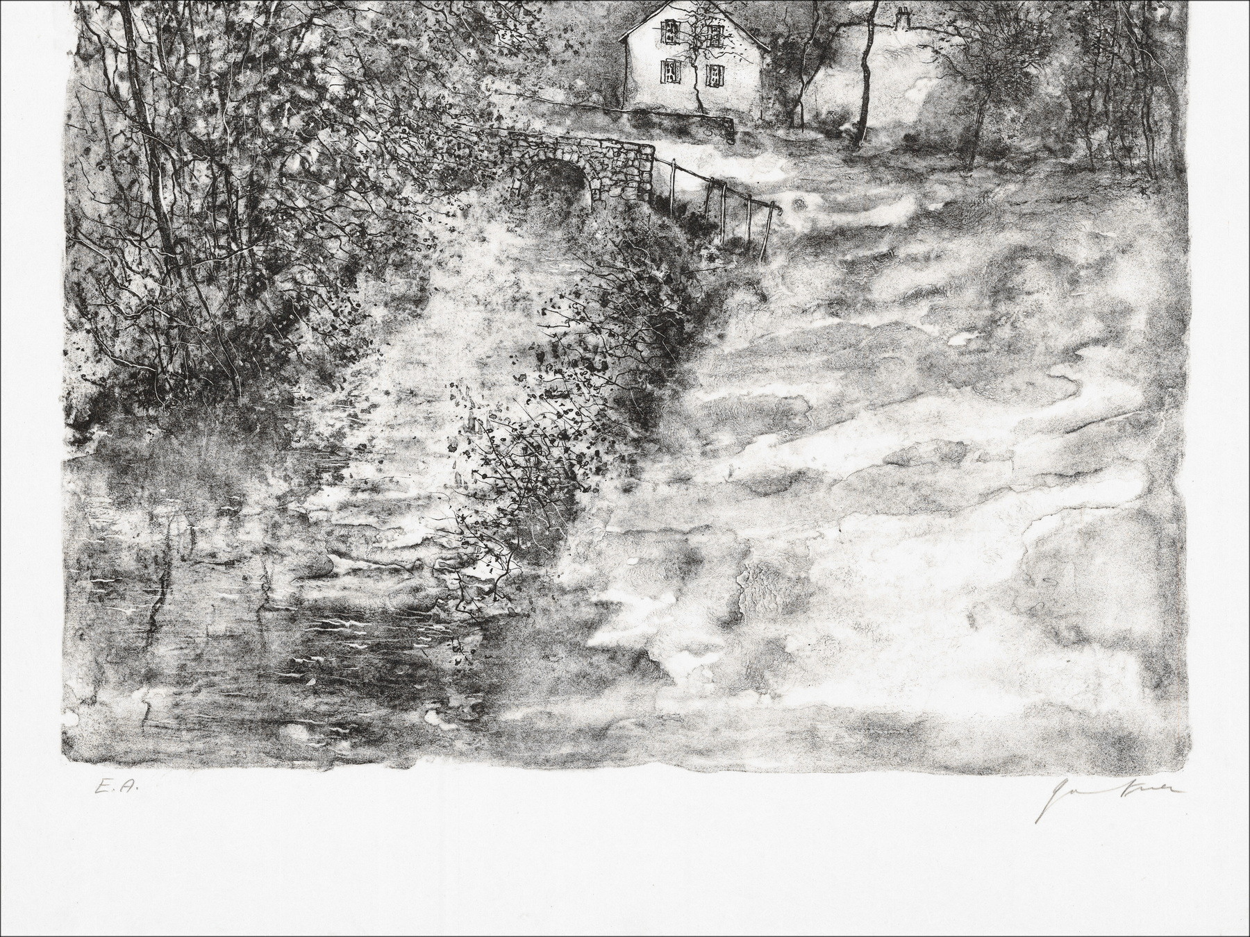 Bernard Gantner, Route au bord du ruisseau, lithographie originale