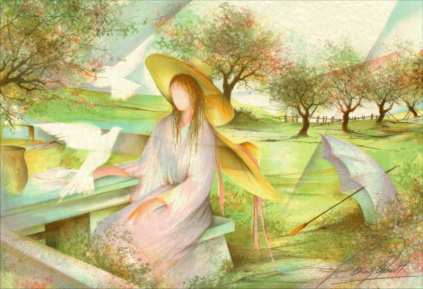 Raymond POULET - Original Lithograph "The Woman with Doves"