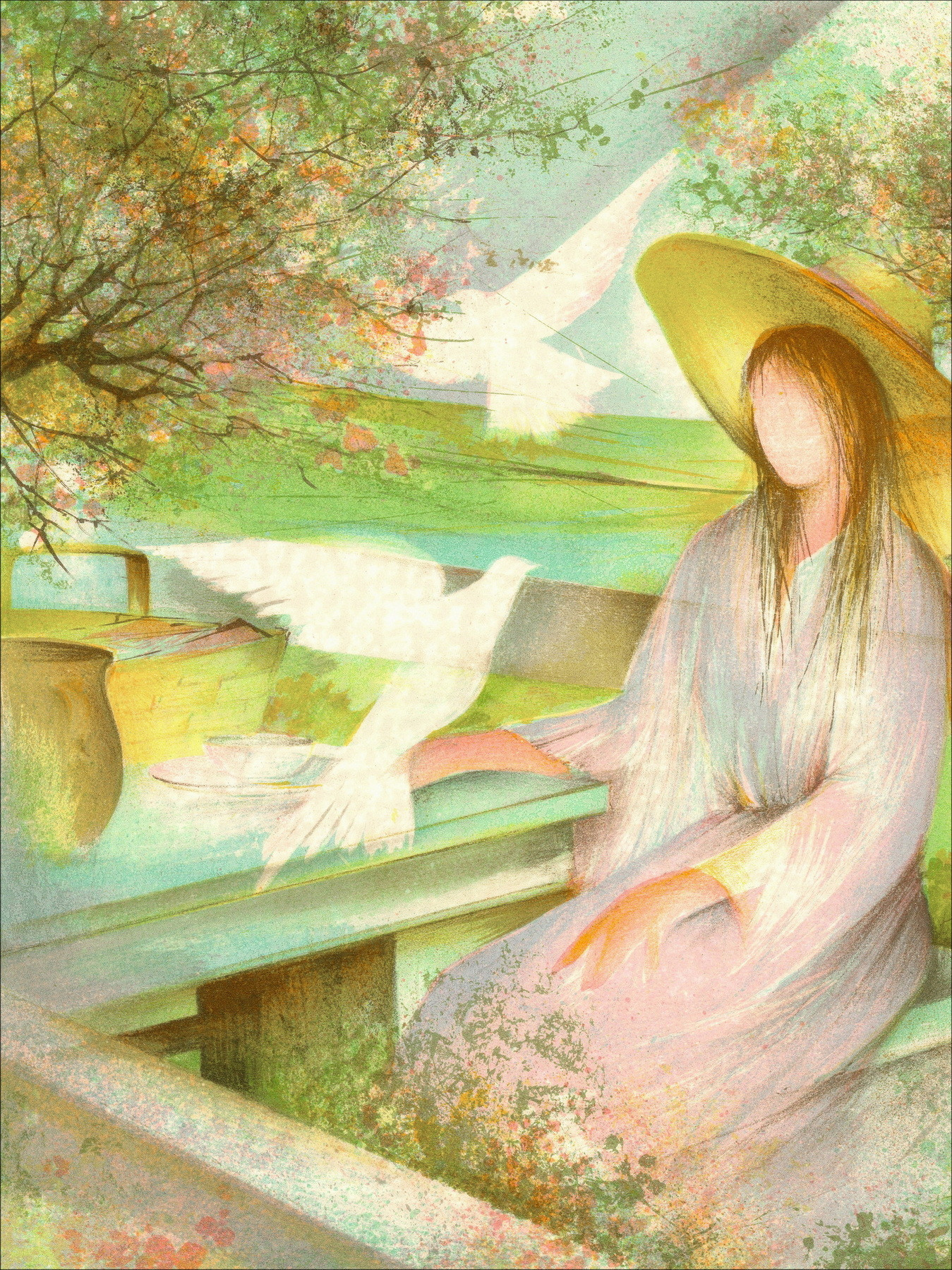 Raymond POULET - Original Lithograph "The Woman with Doves"