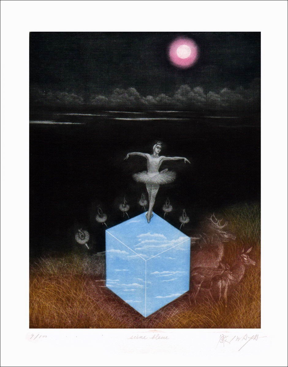 Toru IWAYA - Gravure Originale, manière noire "Scène bleue" 42x37cm
