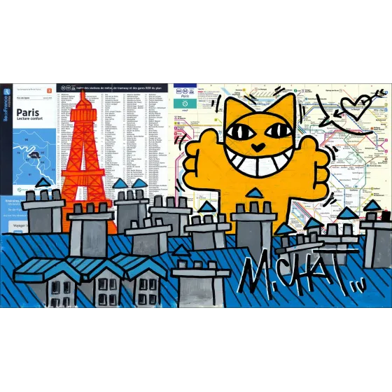 M.Chat in Love, Paris 2026 – Peinture originale sur plan de métro