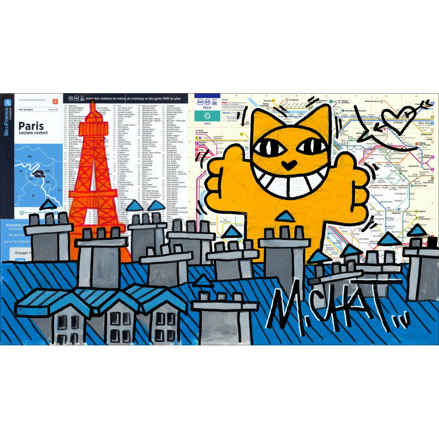 M.Chat in Love, Paris 2026 - Originalgemälde auf U-Bahn-Plan