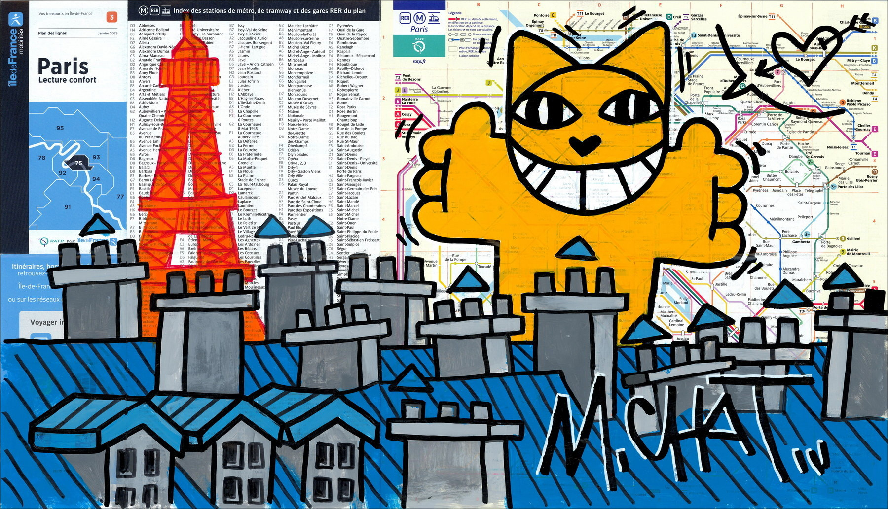 M.Chat in Love, Paris 2026 - Originalgemälde auf U-Bahn-Plan
