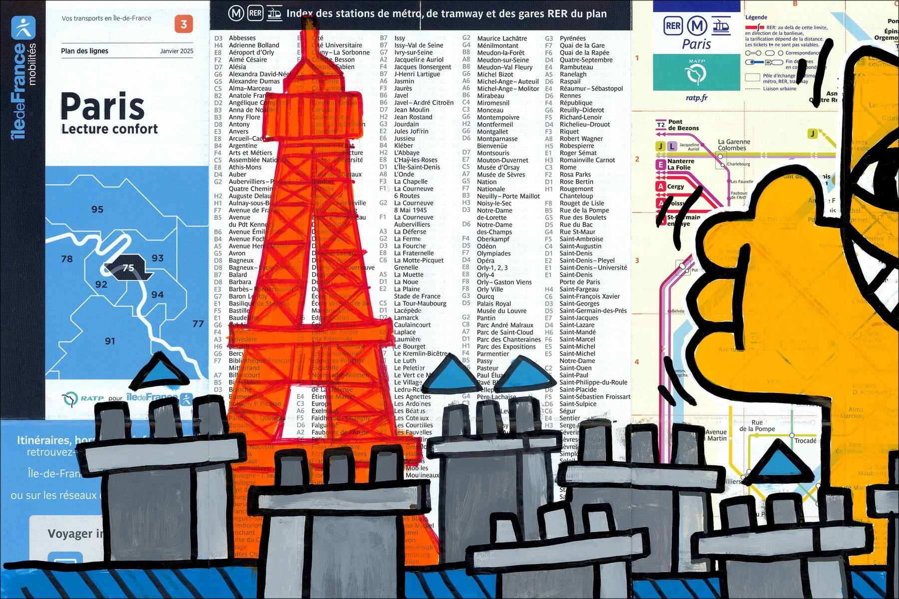 Mr. Cat in Love, Paris 2026 - Original painting on subway map