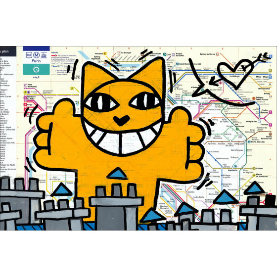 M.Chat in Love, Parijs 2026 - Origineel schilderij op metropolenkaart