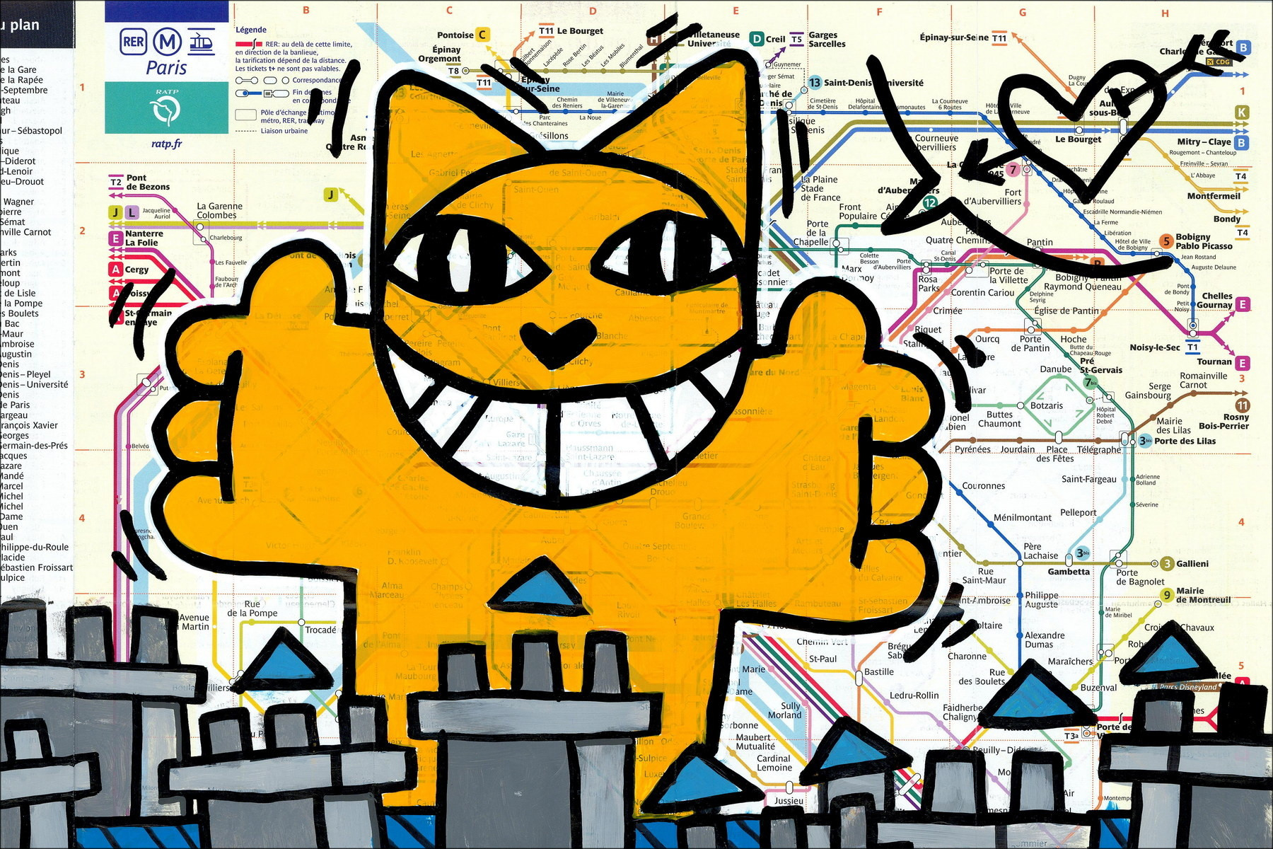 M.Chat in Love, Paris 2026 – Pintura original sobre plano de metro