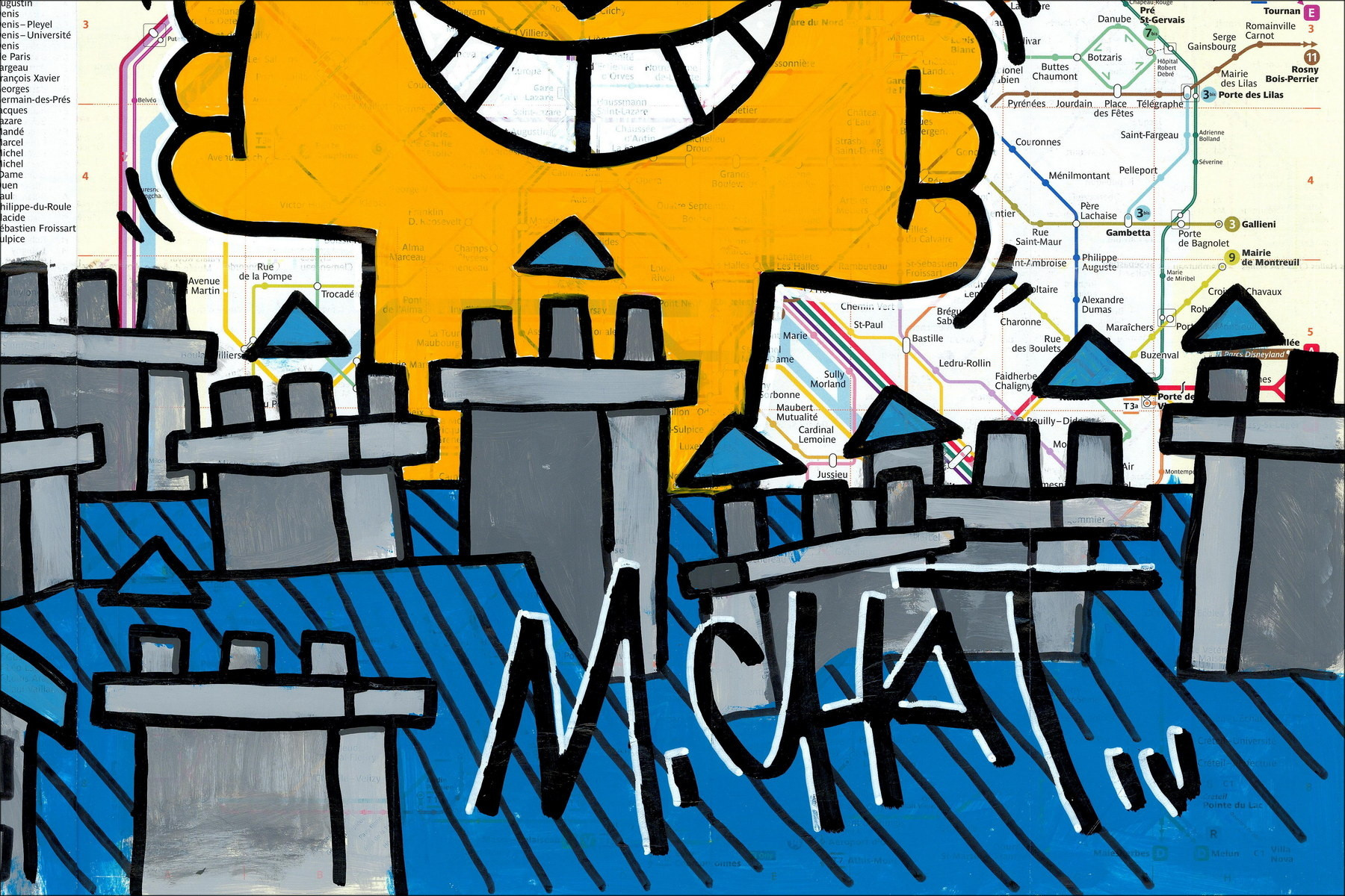 M.Chat in Love, Parigi 2026 - Dipinto originale su mappa della metropolitana