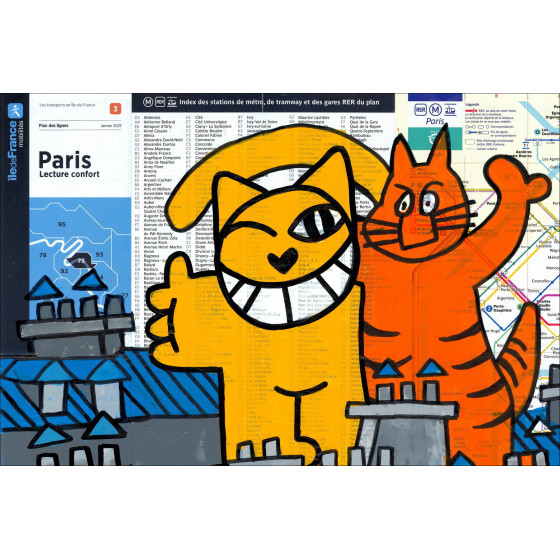 Chats perchés, Paris 2026 – Peinture originale sur plan de métro
