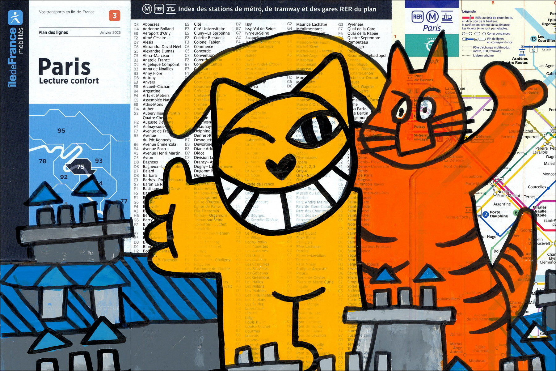 Perched Cats, Paris 2026 - Original painting on subway map