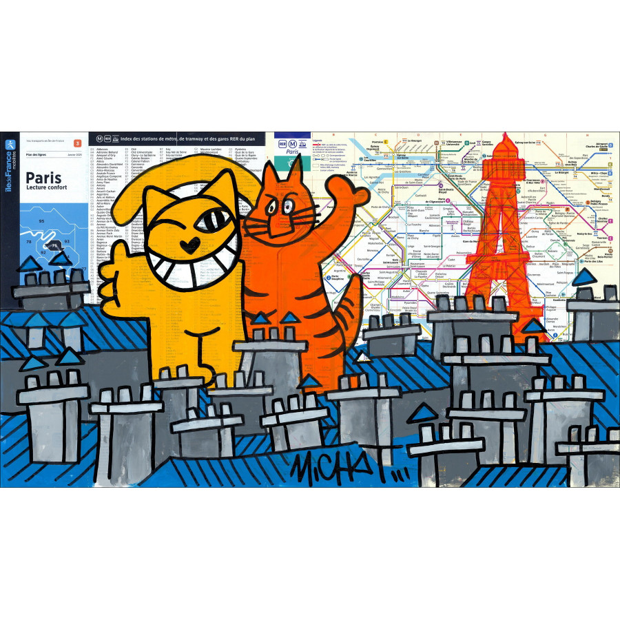 Gatos en lo alto, París 2026 - Pintura original en plano de metro.