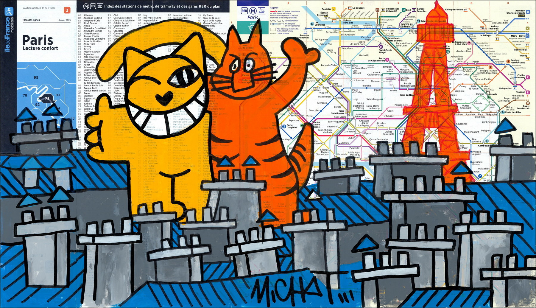 Gatos en lo alto, París 2026 - Pintura original en plano de metro.
