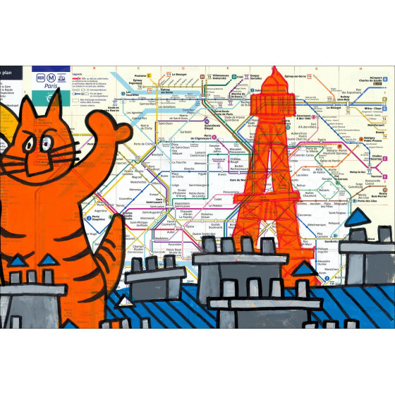 M.CHAT (Thoma Vuille) - Acrilico su carta della Metropolitana "Chats perchés, Parigi" 37x65cm - 2026