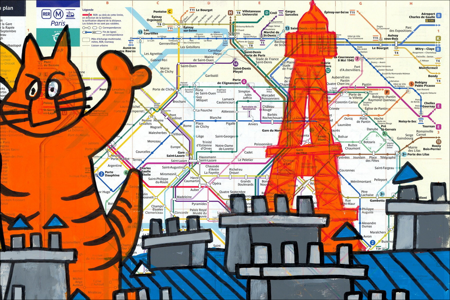 Perched Cats, Paris 2026 - Original painting on subway map