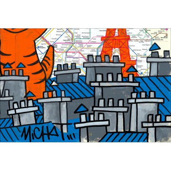 Gatos en lo alto, París 2026 - Pintura original en plano de metro.
