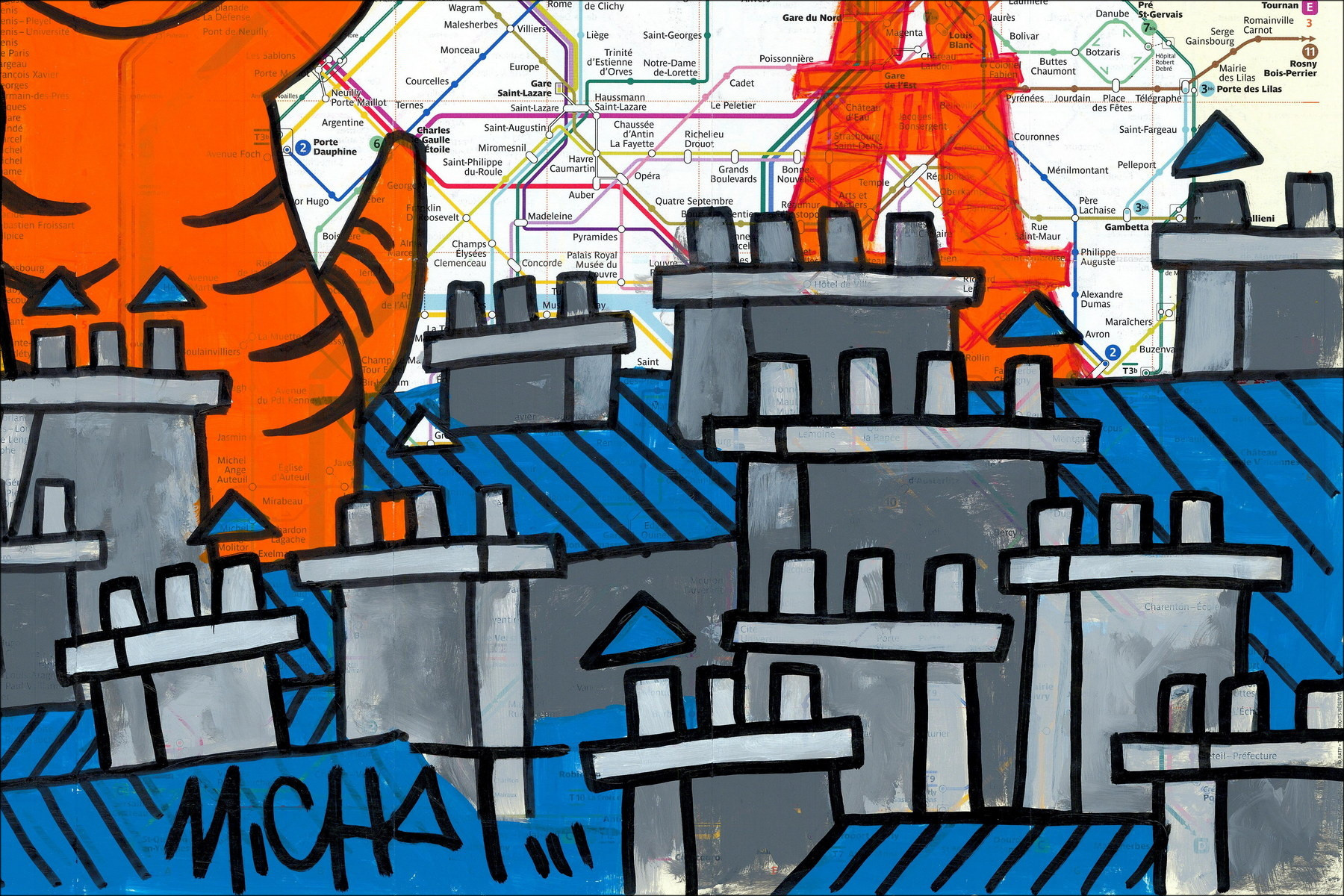 Katzen auf Bäumen, Paris 2026 - Originalgemälde auf U-Bahn-Plan
