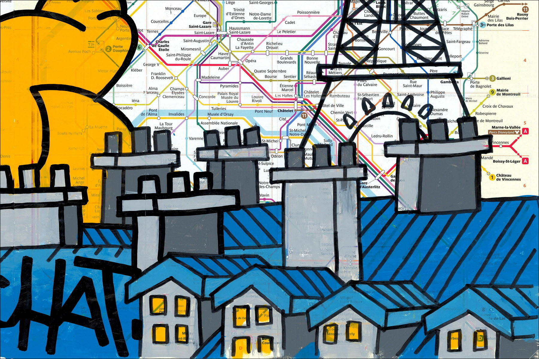Les toits de Paris 2026 – Peinture originale sur plan de métro