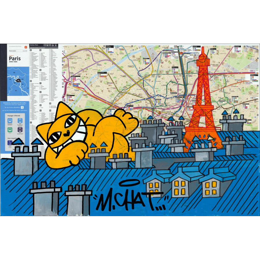 M.Chat Paris pisolino Torre Eiffel 2026 - Pittura originale