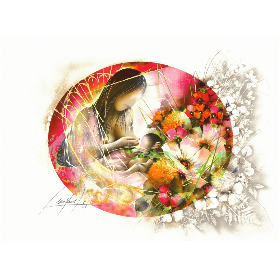 POULET Raymond - Litografía original "Maternidad rosa" 56x76cm