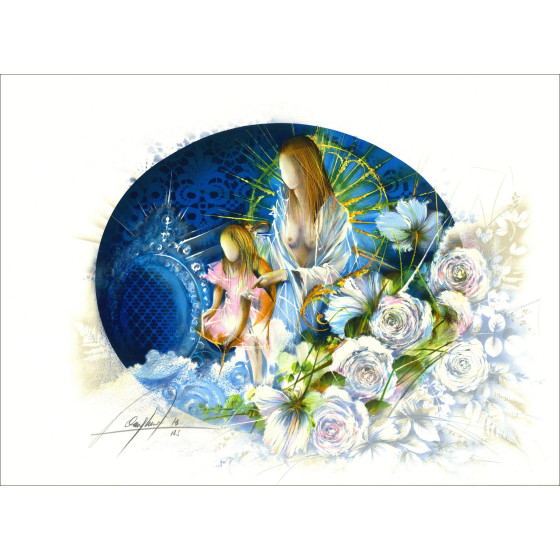 POULET Raymond - Lithographie originale "La chambre bleue" 56x76cm
