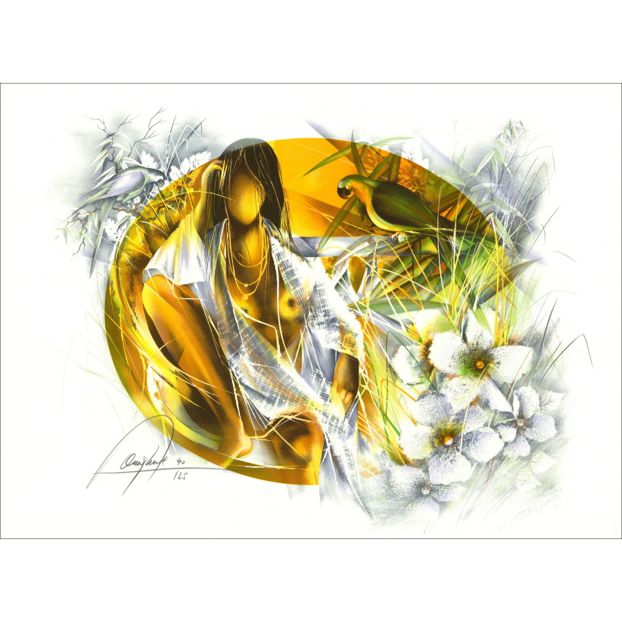 POULET Raymond - Originele lithografie "Les perroquets" 56x76cm