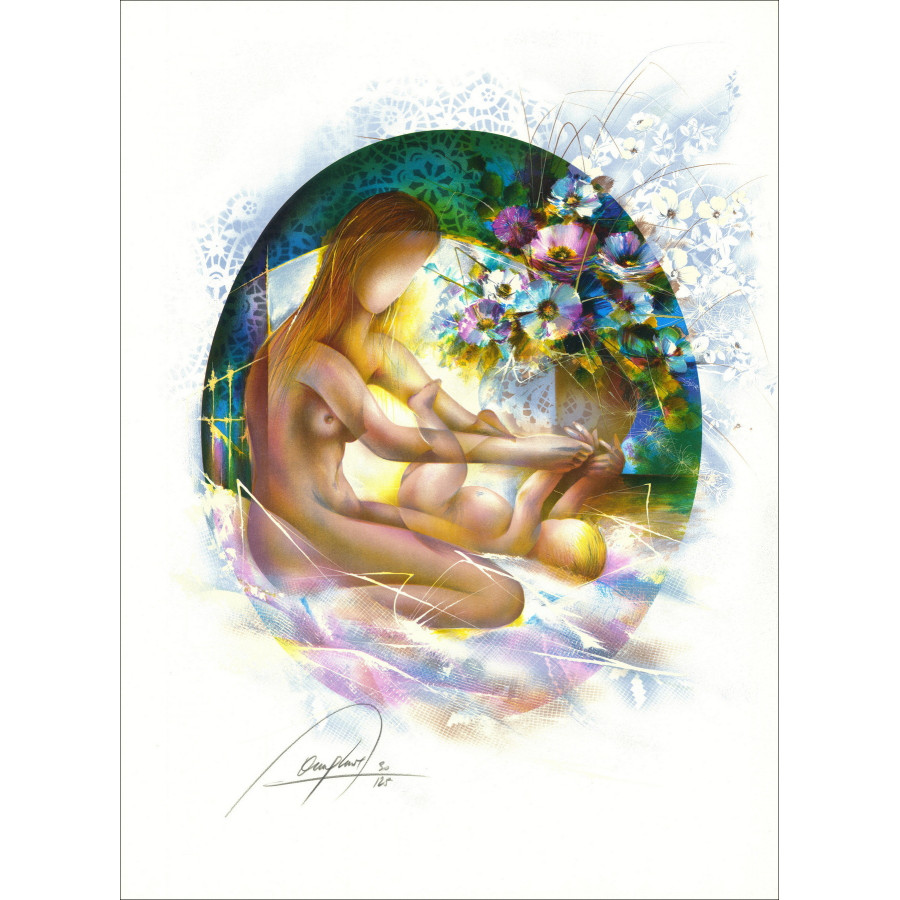 POULET Raymond - Litografía "Maternidad con anémonas" 76x56cm