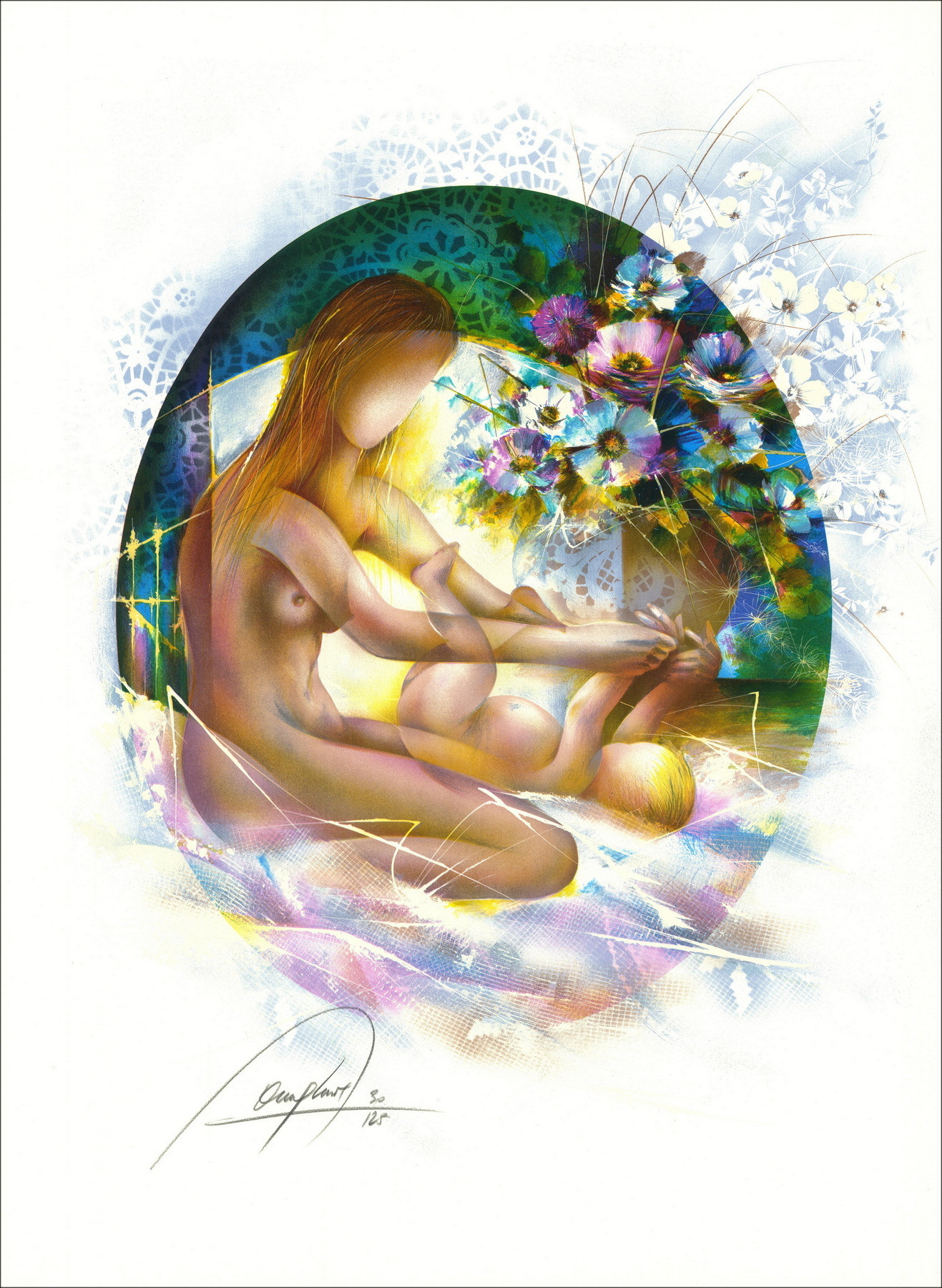 POULET Raymond - Litografía "Maternidad con anémonas" 76x56cm