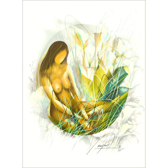 POULET Raymond - Original lithograph "Girl with Arums" 76x56cm