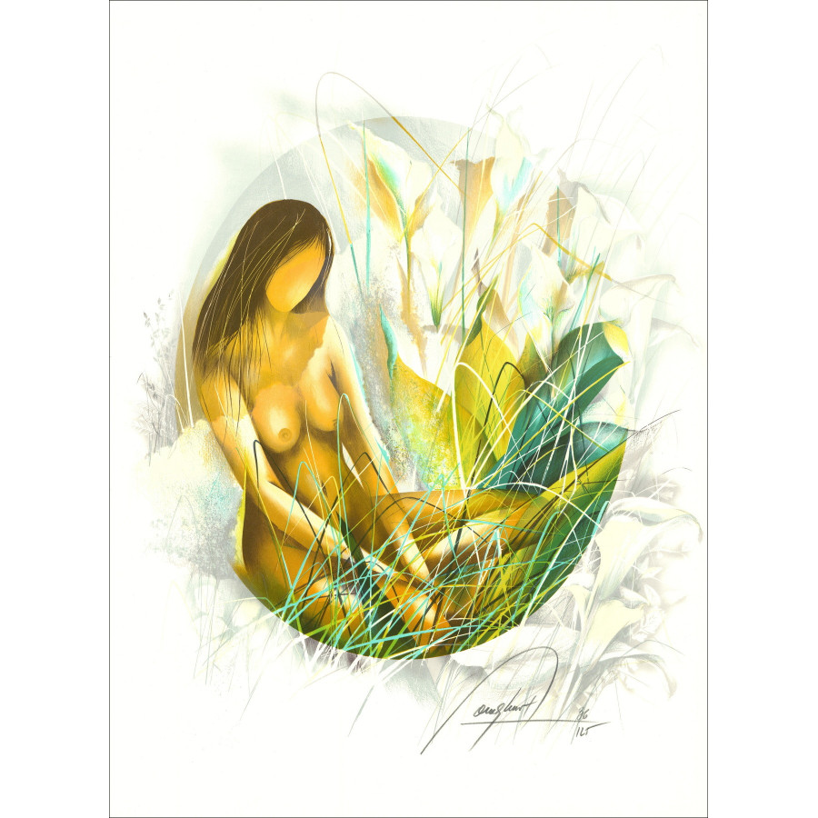 POULET Raymond - Lithographie originale "Fille aux arums" 76x56cm