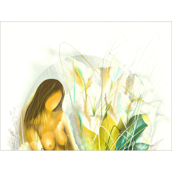 POULET Raymond - Litografía original "Chica con calas" 76x56cm