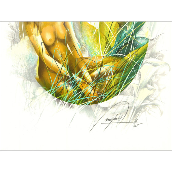 POULET Raymond - Litografía original "Chica con calas" 76x56cm