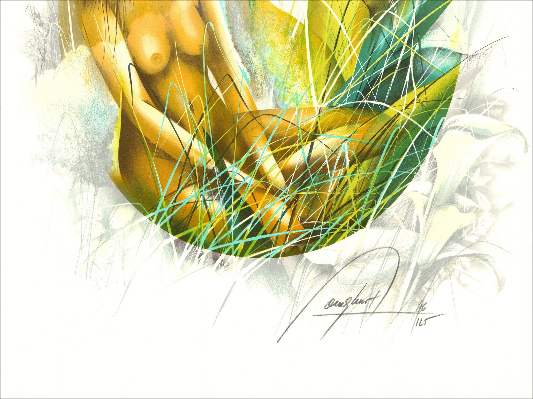 POULET Raymond - Litografia originale "Ragazza con arums" 76x56cm