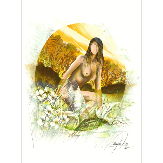 POULET Raymond - Litografia originale "Nudo con uccelli" 76x56cm