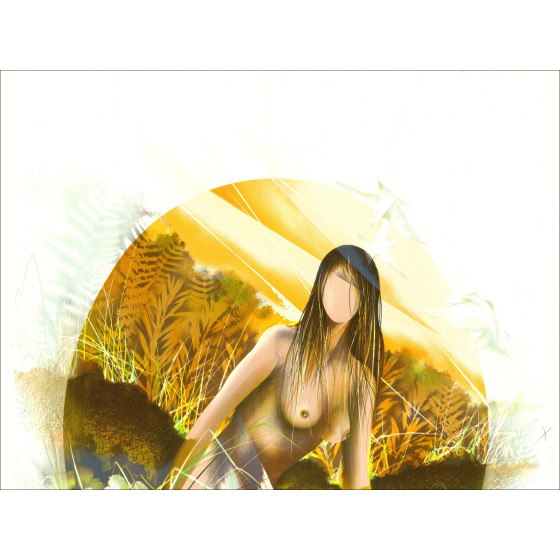 POULET Raymond - Litografia originale "Nudo con uccelli" 76x56cm
