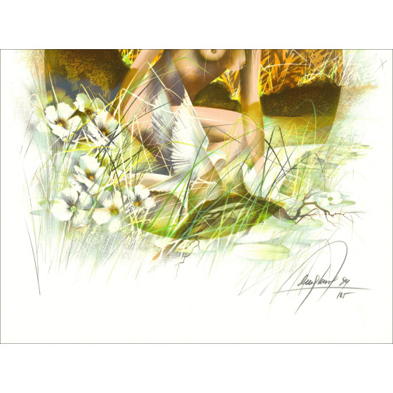 POULET Raymond - Original lithograph "Nude with Birds" 76x56cm