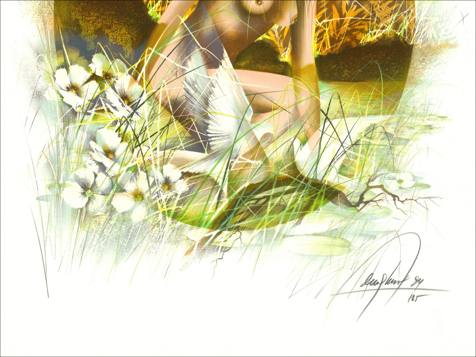 POULET Raymond - Original Lithographie "Nude with Birds" 76x56cm