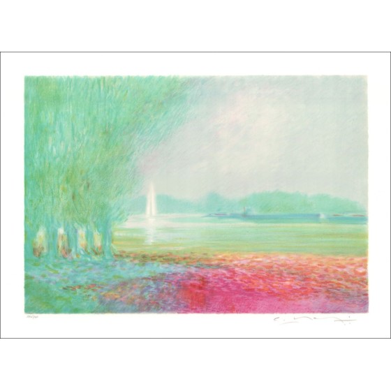 MANOUKIAN Claude - Original-Lithographie "Boote auf der Yonne" 50x65cm