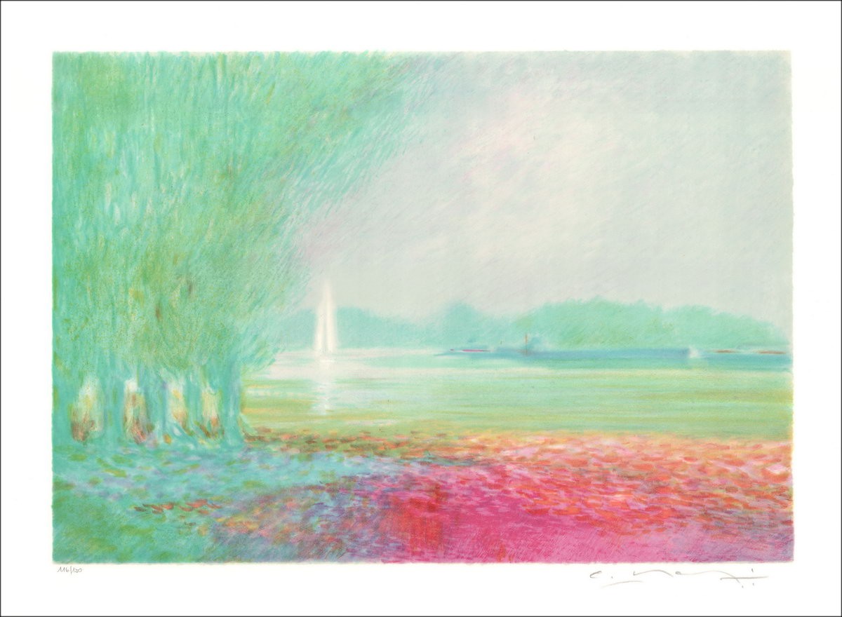 MANOUKIAN Claude - Original lithograph "Boats on the Yonne" 50x65cm
