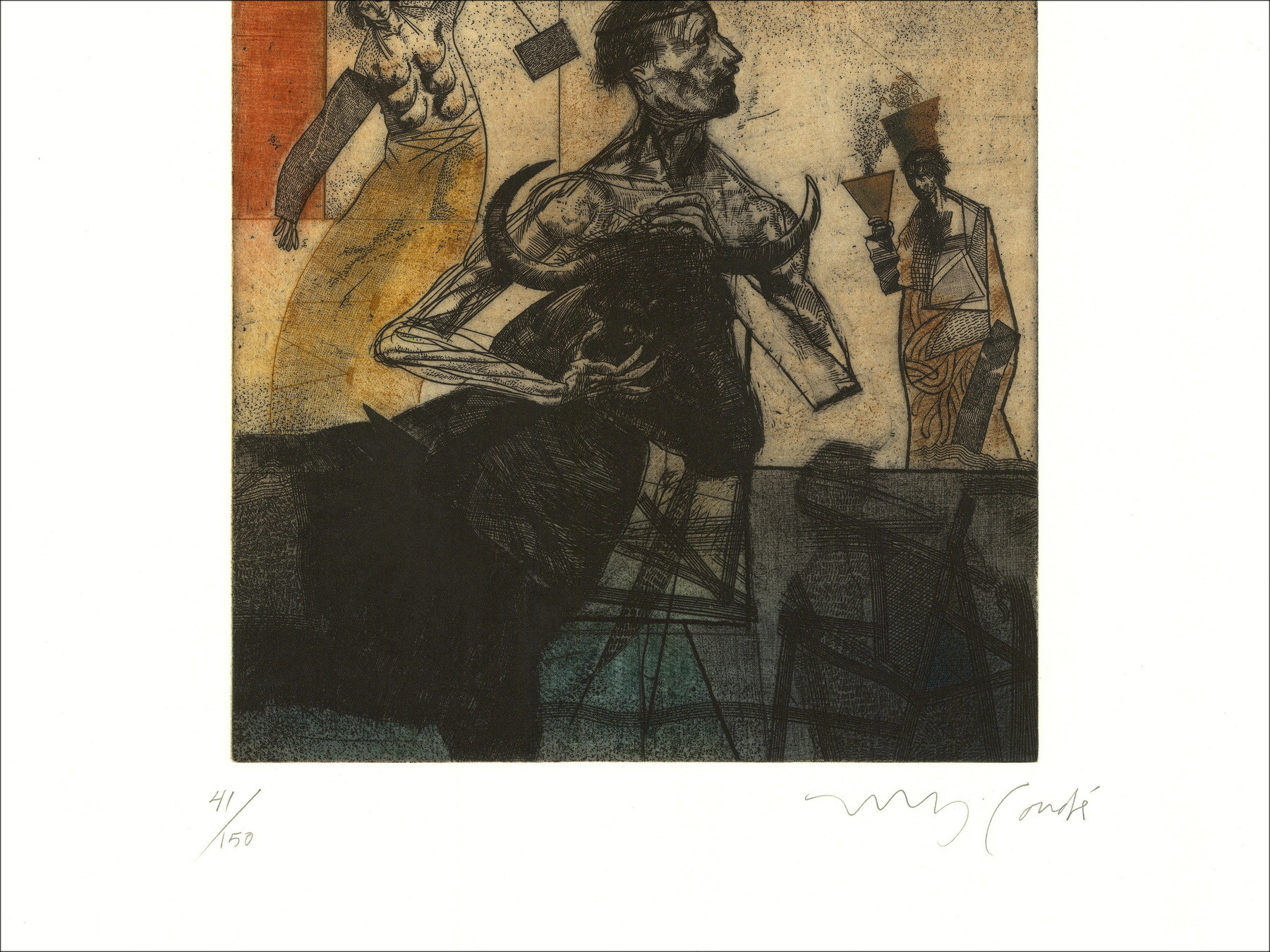 Miguel Condé, De stierengevecht, originele gesigneerde gravure
