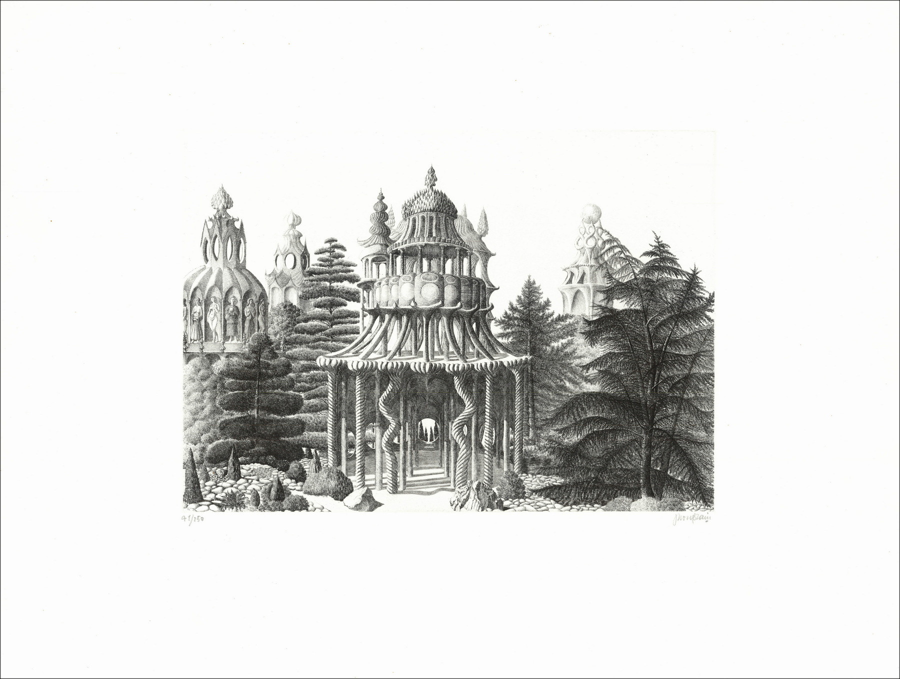 Jacques Houplain, Jardín de las ilusiones, grabado original