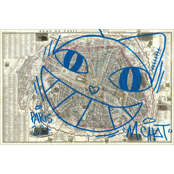 Mr. Chat, Paris Cat 1858, original drawing on an old map