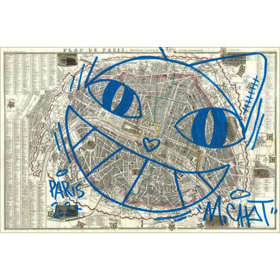 M.Chat, Chat de Paris 1858, dessin original sur carte ancienne