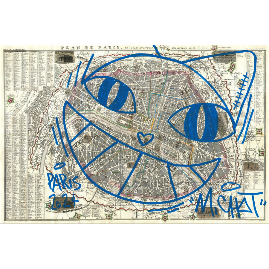 M.Chat, Chat de Paris 1858, dessin original sur carte ancienne