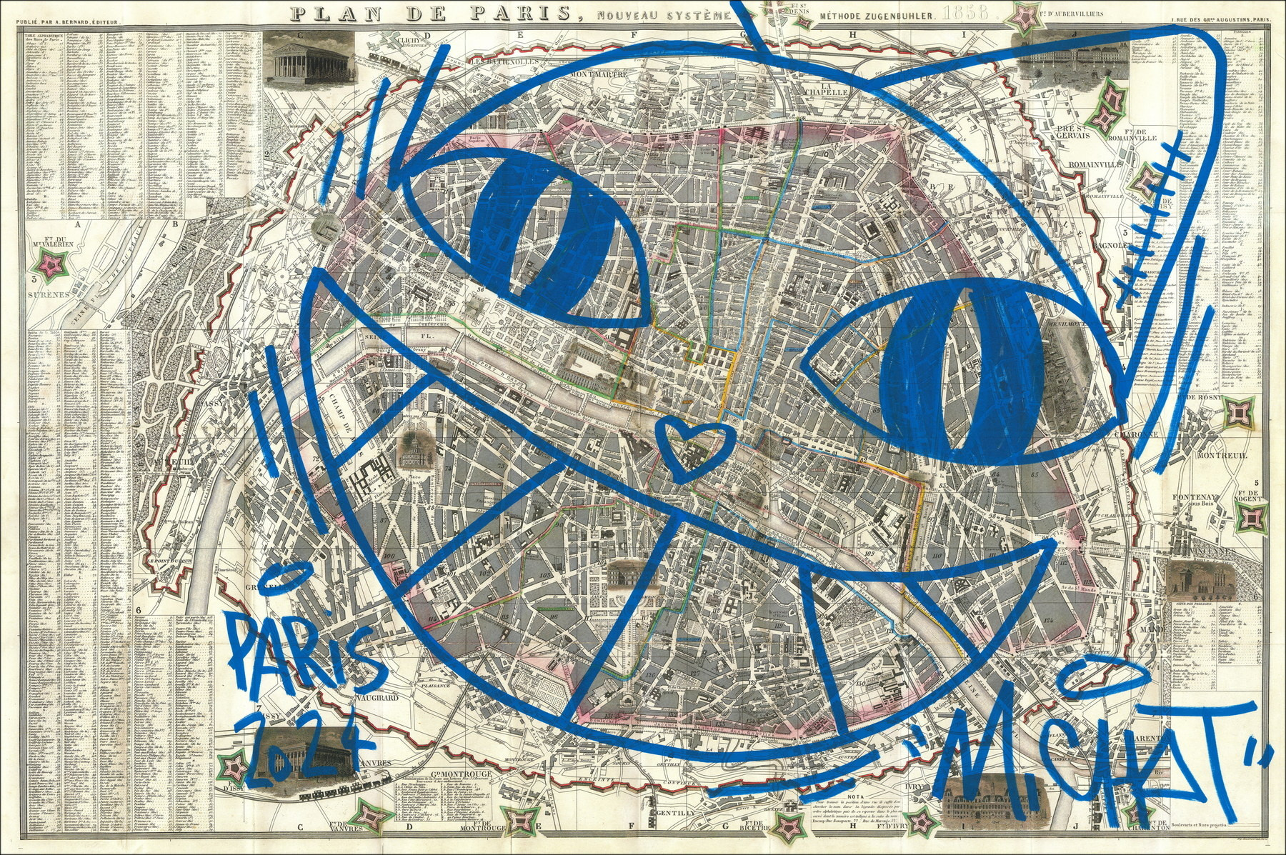 M.Chat, Gatto di Parigi 1858, disegno originale su carta antica