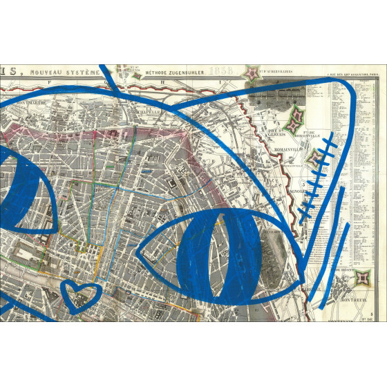 Mr. Chat, Paris Cat 1858, original drawing on an old map